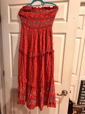 Smocked Red Strapless Tiered Maxi Dress